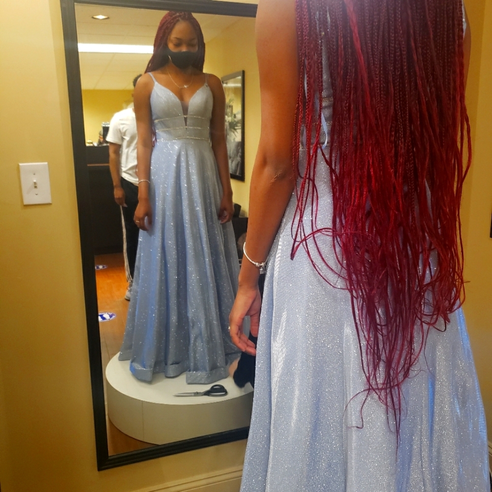 Shimmering Light Blue Sleeveless Full Length Prom Dress